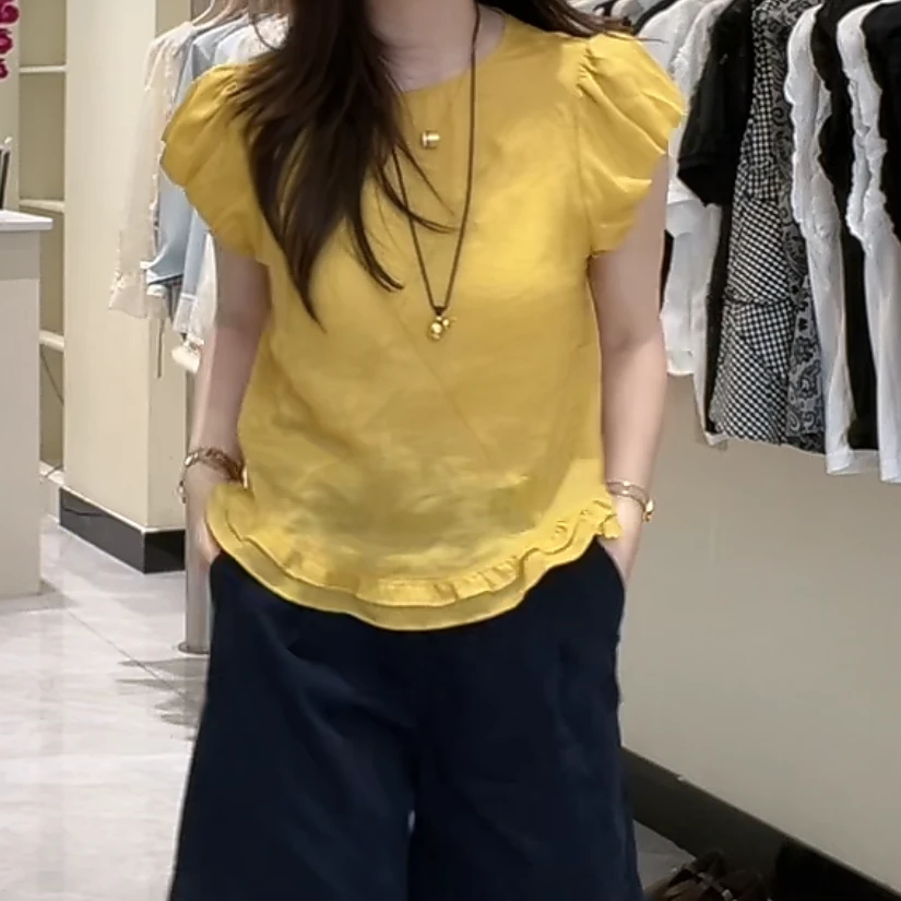 荷叶边下摆韩系减龄短袖上衣女2025夏季新款图案显瘦气质百搭修身