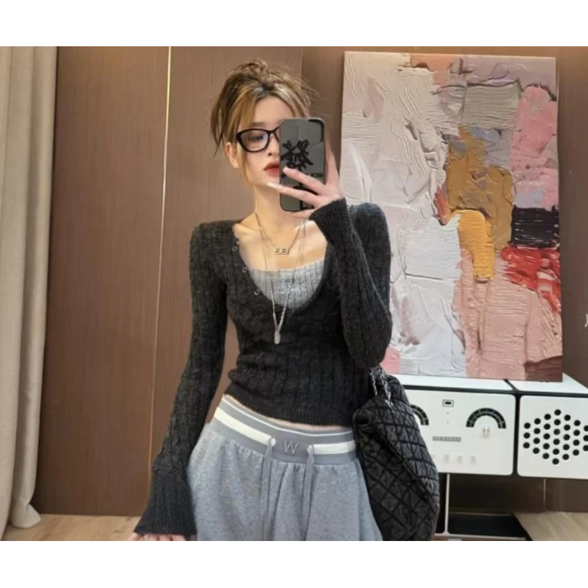 2026韩系秋冬新款假两件针织衫打底衫显瘦修身上衣W1-46