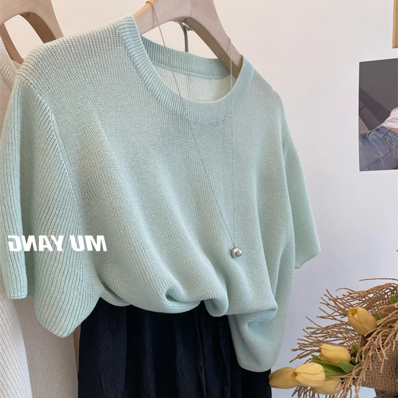 韩国东大门冰丝针织女2025夏季气质宽松高级感显瘦休闲正肩上衣潮