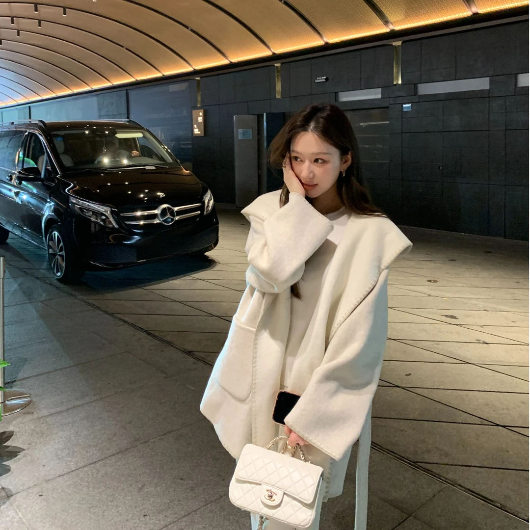 正反两面穿连帽中长款宽松加厚毛呢外套女2025年新款秋冬