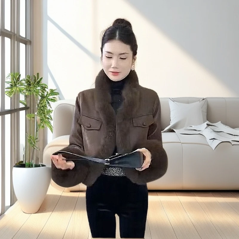 2024冬新款时尚加棉欧货PU皮衣女外套棉服修身仿狐狸毛领加厚棉衣