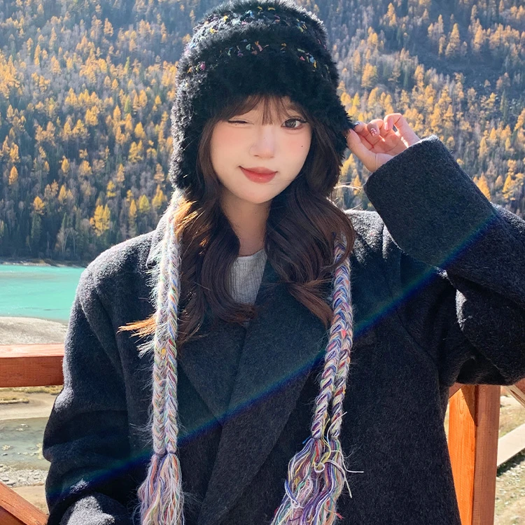 【新款】ins彩虹糖豆~甜美流苏毛绒帽子冬季女保暖护耳百搭包头帽