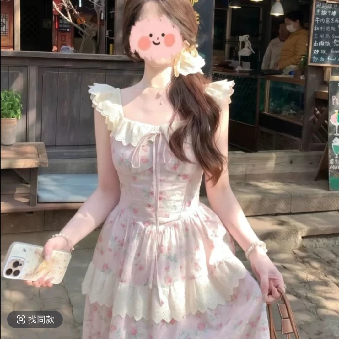 法式甜美收腰可爱小飞袖花边蛋糕裙女夏季新款度假风连衣裙