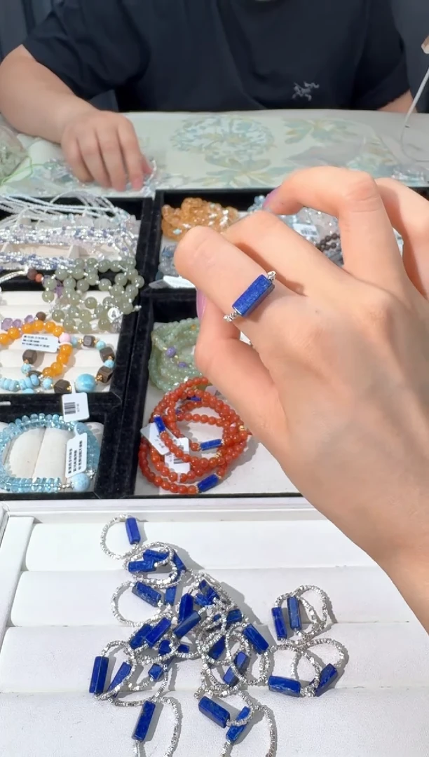 水晶手链银S925镶嵌I038青金方块碎银戒指