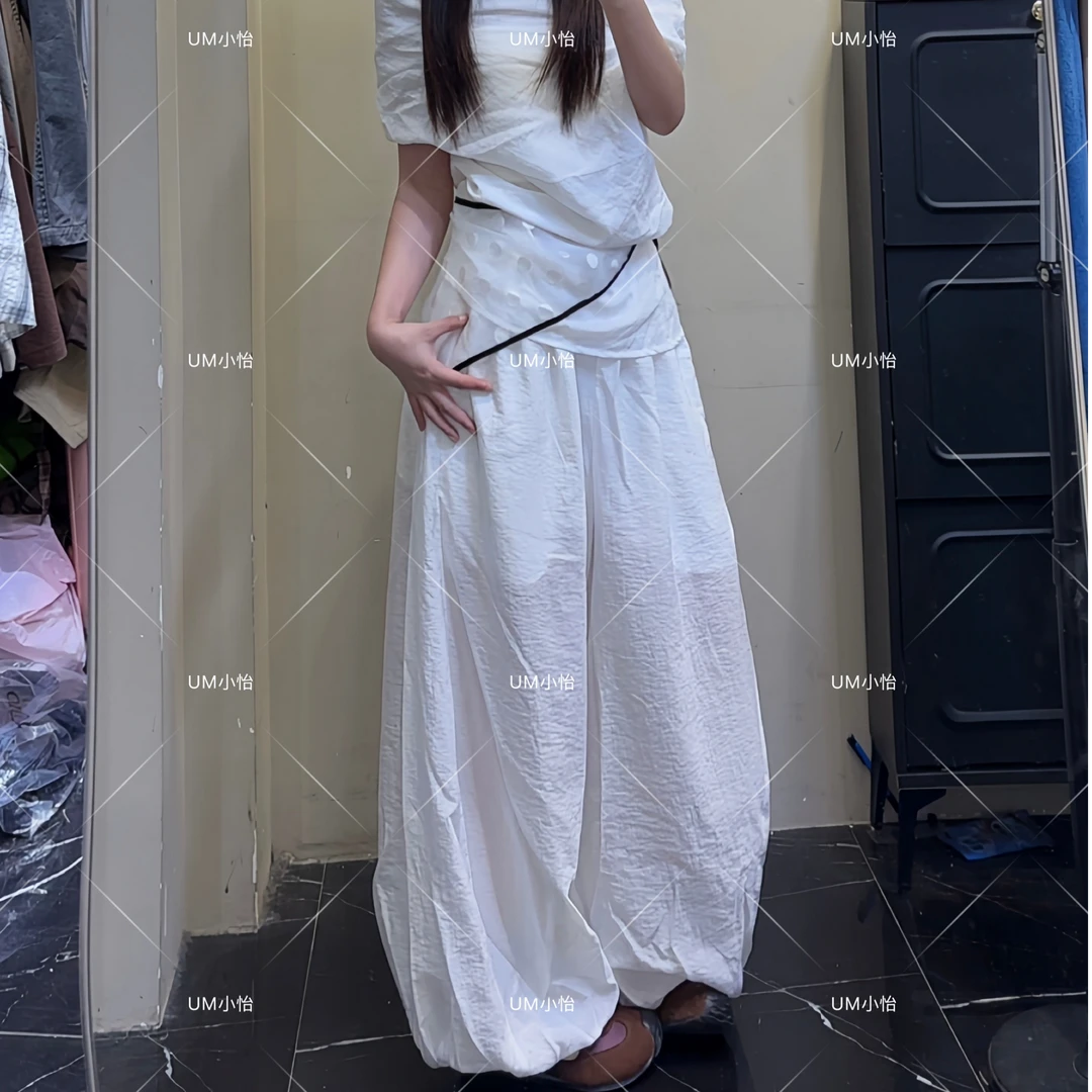 鑫怡定制【白池赴夏】夏季新款美式复古女中高腰宽松阔腿弯刀休闲裤