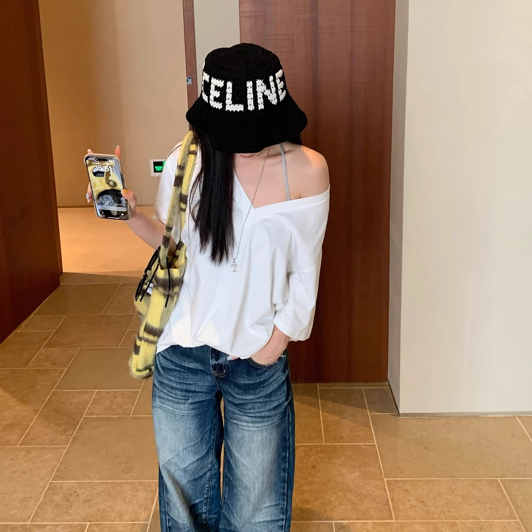 V领斜肩慵懒短袖t恤女宽松夏季白色中长款显瘦垂感半袖懒人上衣服