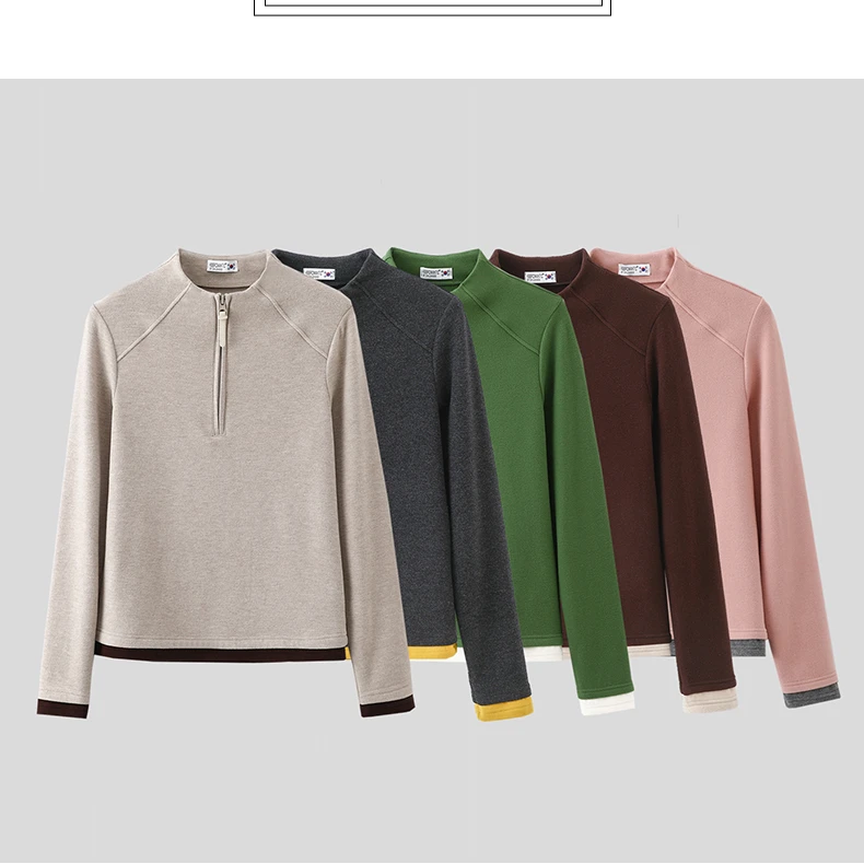 秋冬磨毛远红外发热保暖半拉链女款拼色长袖显瘦德绒打底