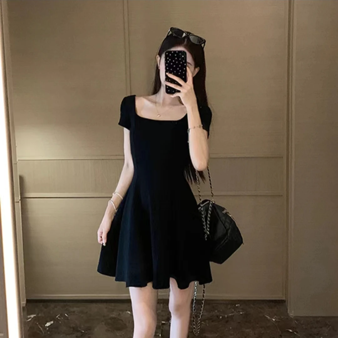 【青仓机制】方领连衣裙夏季法式高级感气质收腰显瘦A字短裙小个子