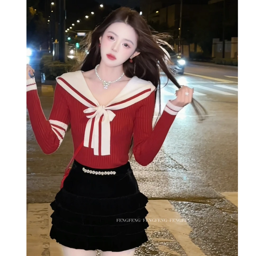 冯冯●【济州落日】 时尚休闲宽松红白相间针织毛衣气质Q4MY5848显瘦