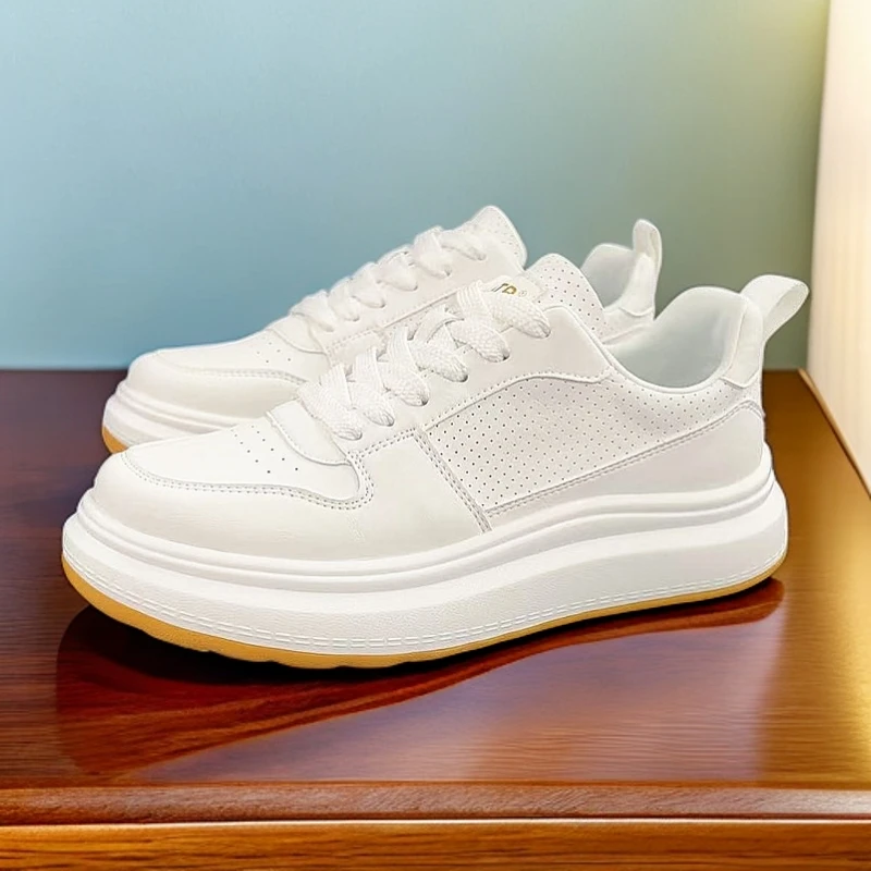 秋季新款男鞋软底休闲板鞋百搭透气增高运动鞋男士全皮面小白鞋男
