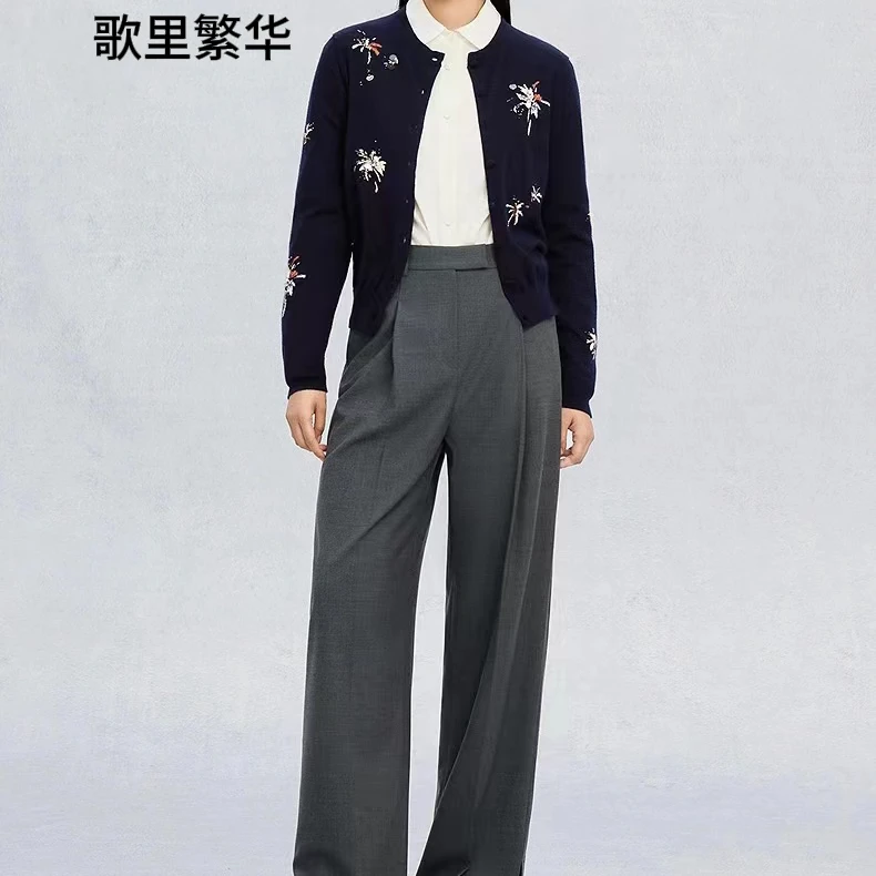 【歌里繁华】E+25早春新品精纺圆领嵌花手工钉珠女羊绒开衫0022