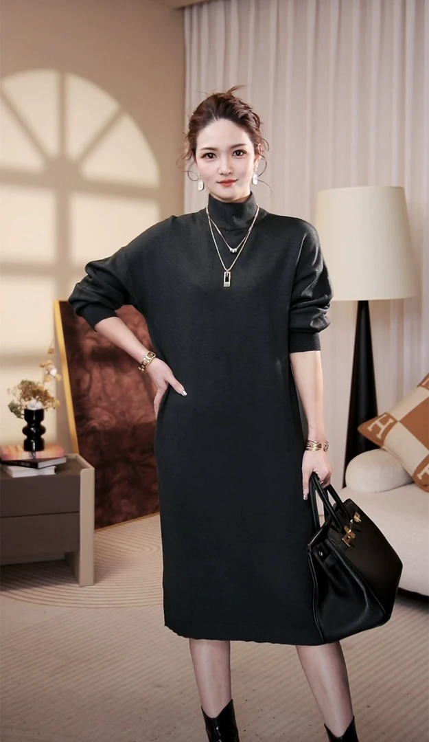 高端圆领[灰质]高级感修身保暖妈妈气质打底毛衣连衣裙-1230#