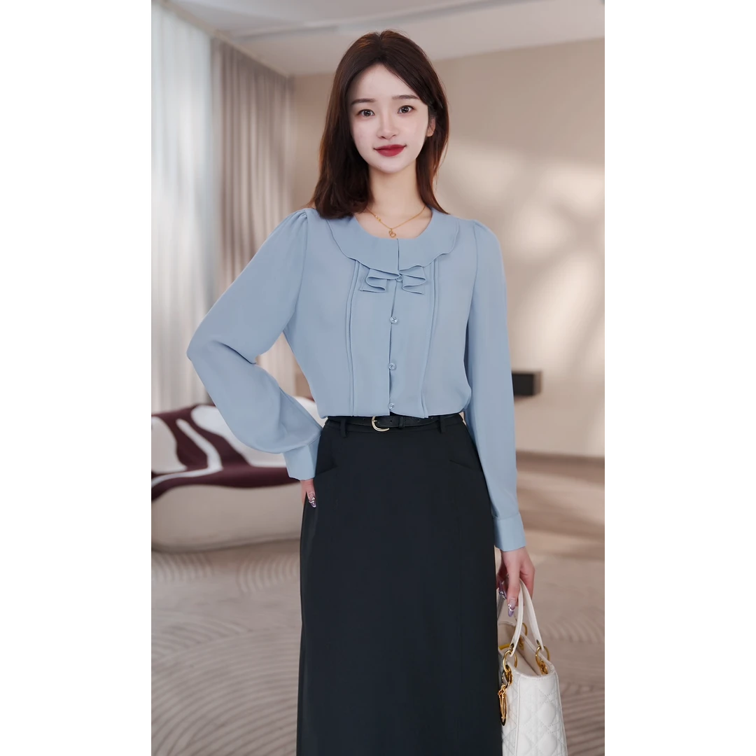 曼贝法式衬衫女长袖2025春季新款纯色荷叶领长袖衬衣8591244佳莹