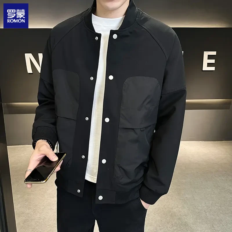 罗蒙男士结构针织纹理棒球领外套秋季新款百搭帅气休闲宽松夹克潮