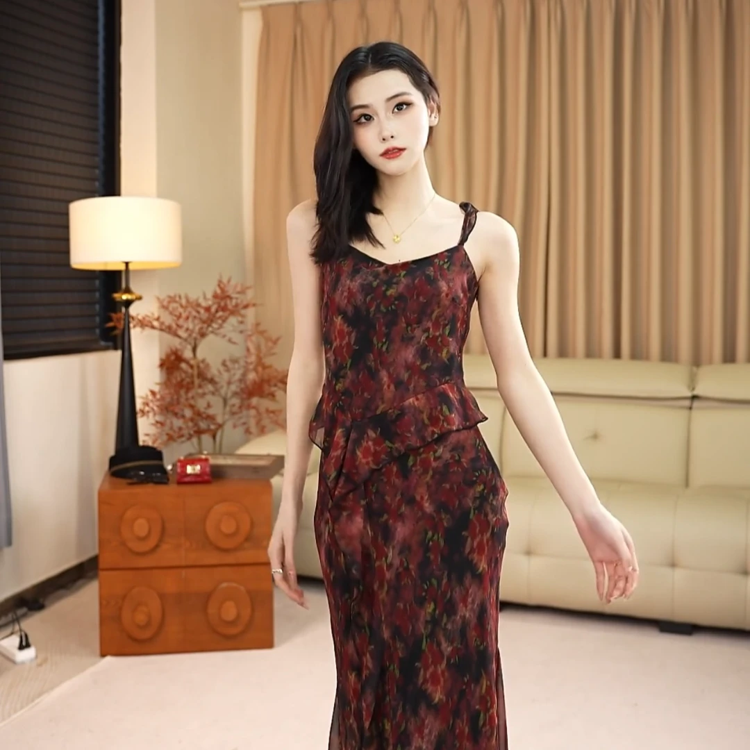 复古玫瑰碎花吊带裙无袖露肩连衣裙女春夏海边度假风沙滩群-6008