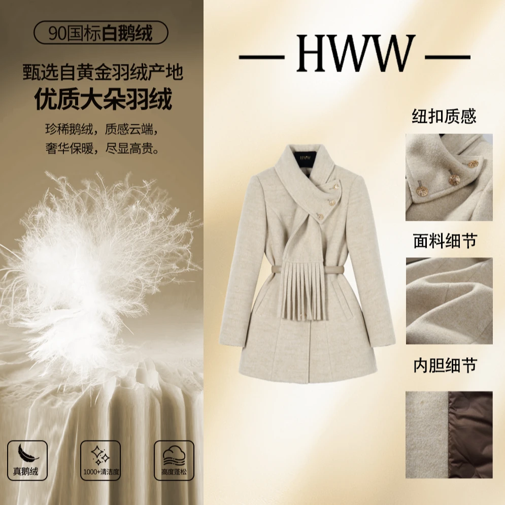 90白鹅绒含羊毛(袖子也加绒)时尚气质收腰鹅绒服DHZFF408055