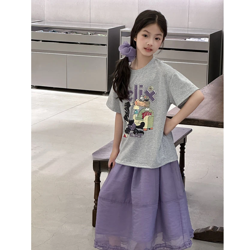 【豪宝贝】2025春夏款动画印花T恤花边长裙套装3082