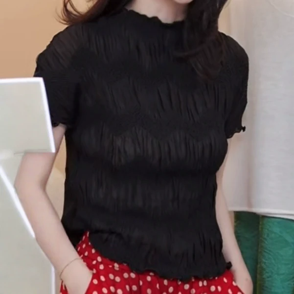 时尚设计感重工褶皱短袖上衣2025夏季新款时尚休闲漂亮小衫百搭女