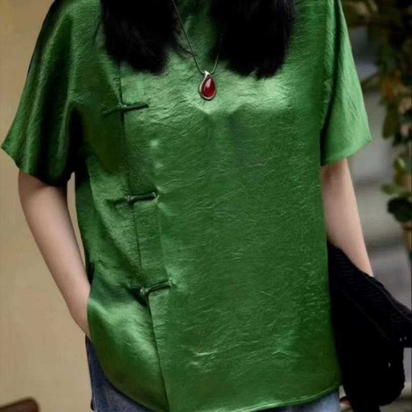 谢美丽-精选斜襟盘口光滑感衬衫新中式