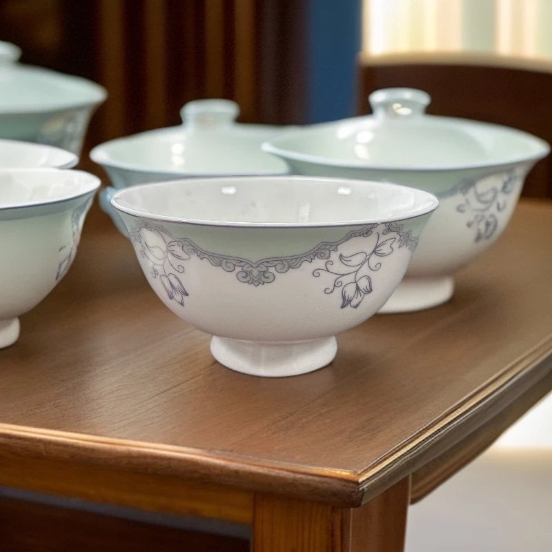 釉下彩陶瓷碗四件装青色花纹米饭碗小饭碗骨瓷碗家用礼品碗精致