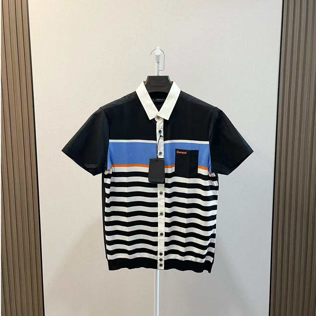 全新未使用  /Dsquared2/黑蓝条纹口袋logo休闲短袖衬衫/尺码50