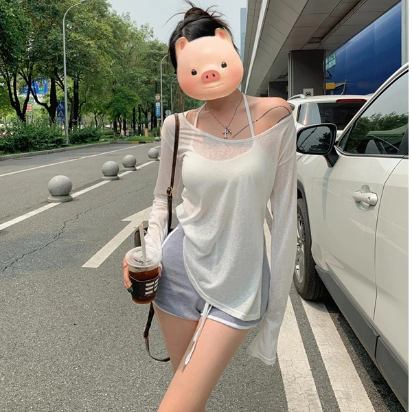 斜肩不规则长袖罩衫女韩版宽松薄款露肩开叉上衣微透防晒衫户外服