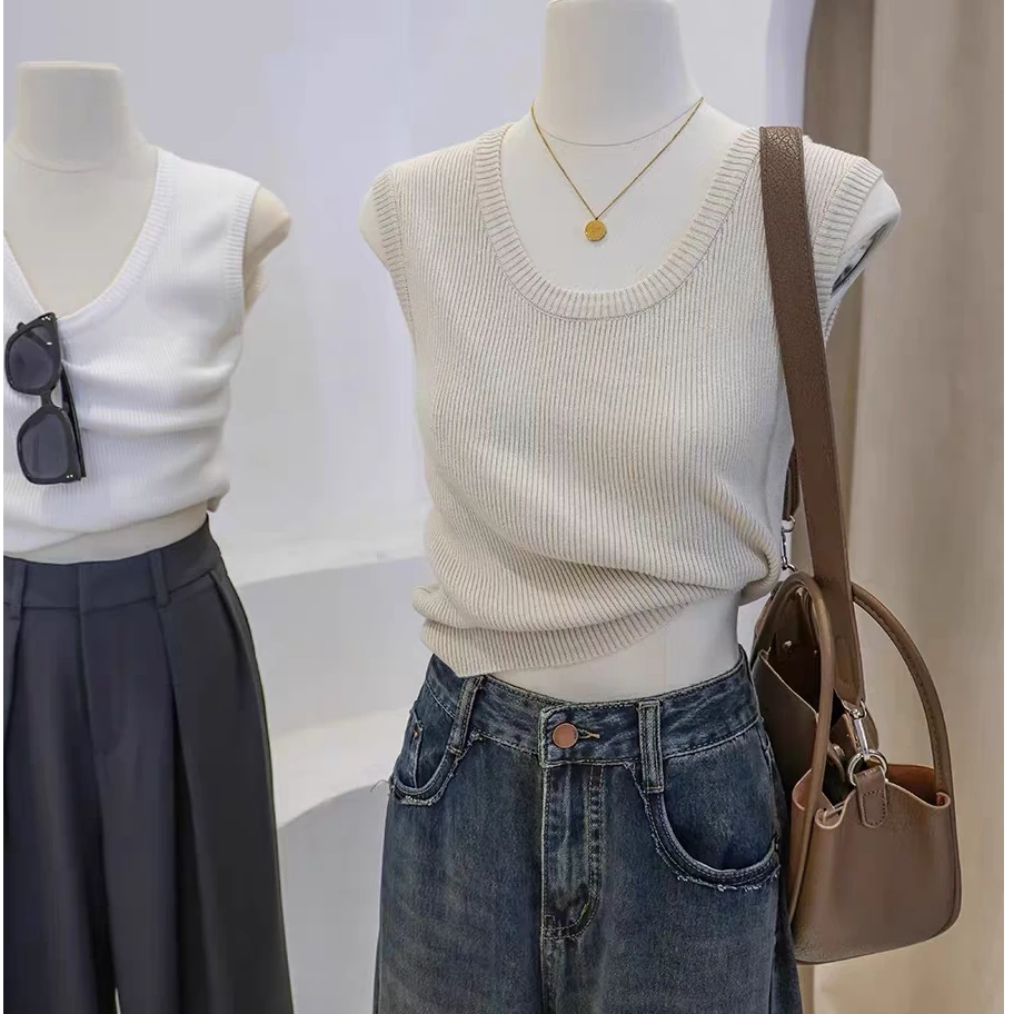 白白 U领针织高弹力背心