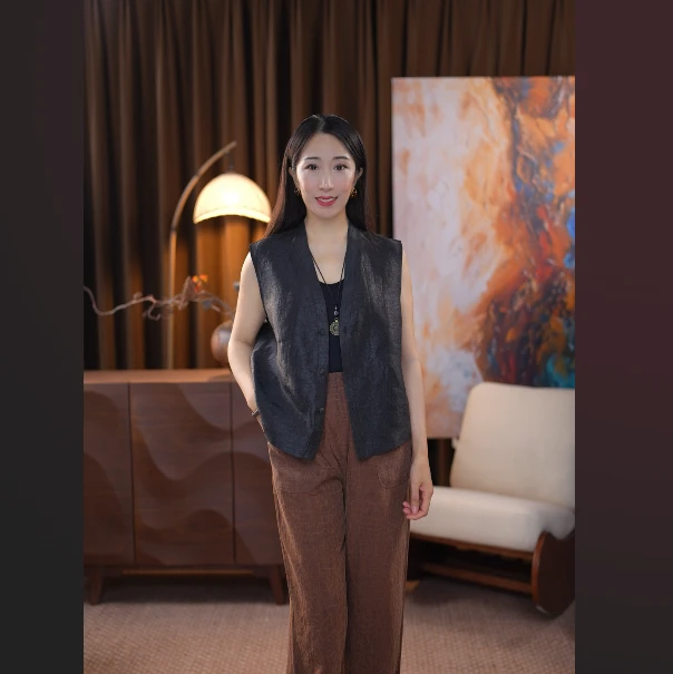 【千岚】桑蚕丝龟裂纹背心马甲女双面穿背心新中式开衫女款无袖上衣
