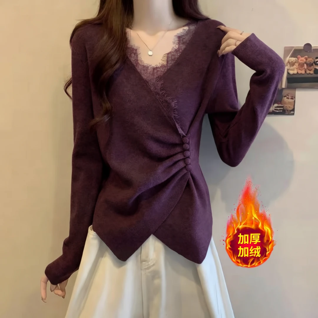 新款V领拼接蕾丝外穿常规不褪色T恤长袖打底衫修身显瘦气质百搭