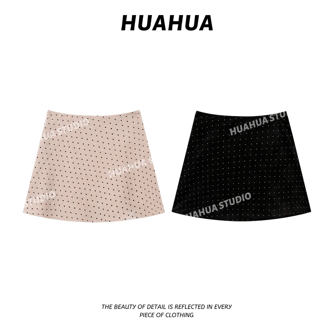 【花花】绒绒波点~韩系天鹅绒波点斜裁伞裙显瘦百搭时尚半身短裙