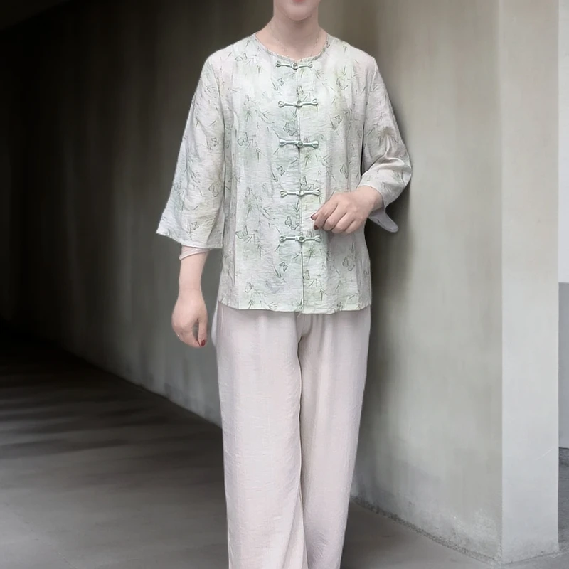 妈妈新中式小衫直筒阔腿裤两件套夏装中老年女装大码宽松休闲套装