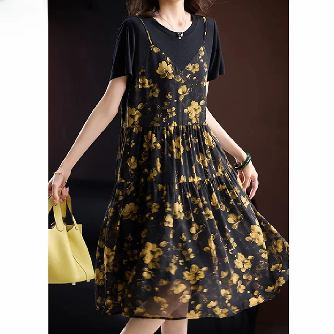 【锦衣服饰】BLSS 5170韩系印花吊带假两件连衣裙