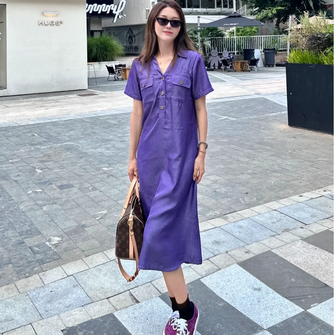 禾十MODE／“曼彻斯特”优雅自在宽松长款遮肉纽扣衬衫领连衣裙