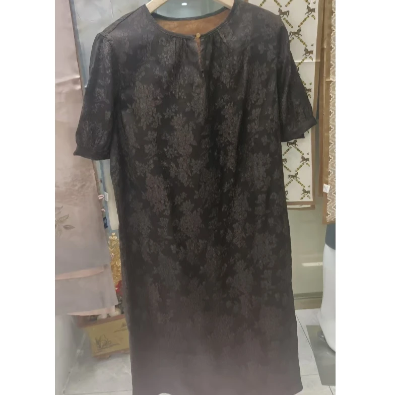 真丝香云纱夏季气质复古新中式网红时尚连衣裙提花印花中长款黑色