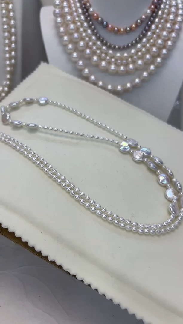 【闪购商品】淡水珍珠颈饰银S925镶嵌纽扣毛衣链