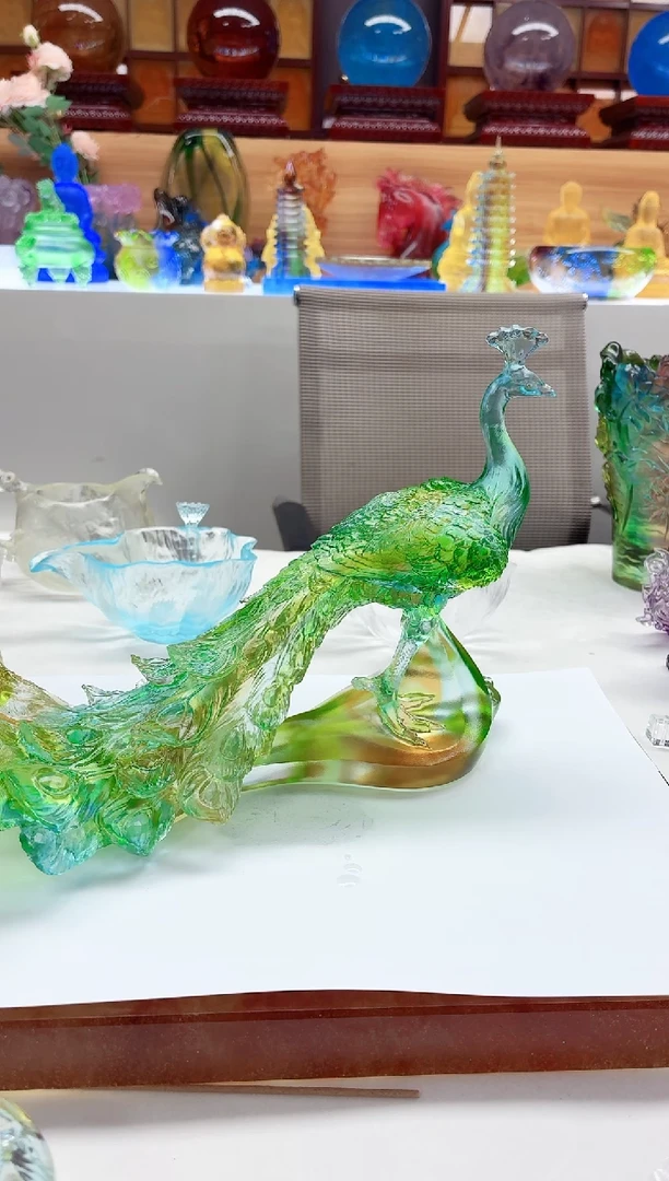 手工艺品琉璃绿色孔雀家居摆件