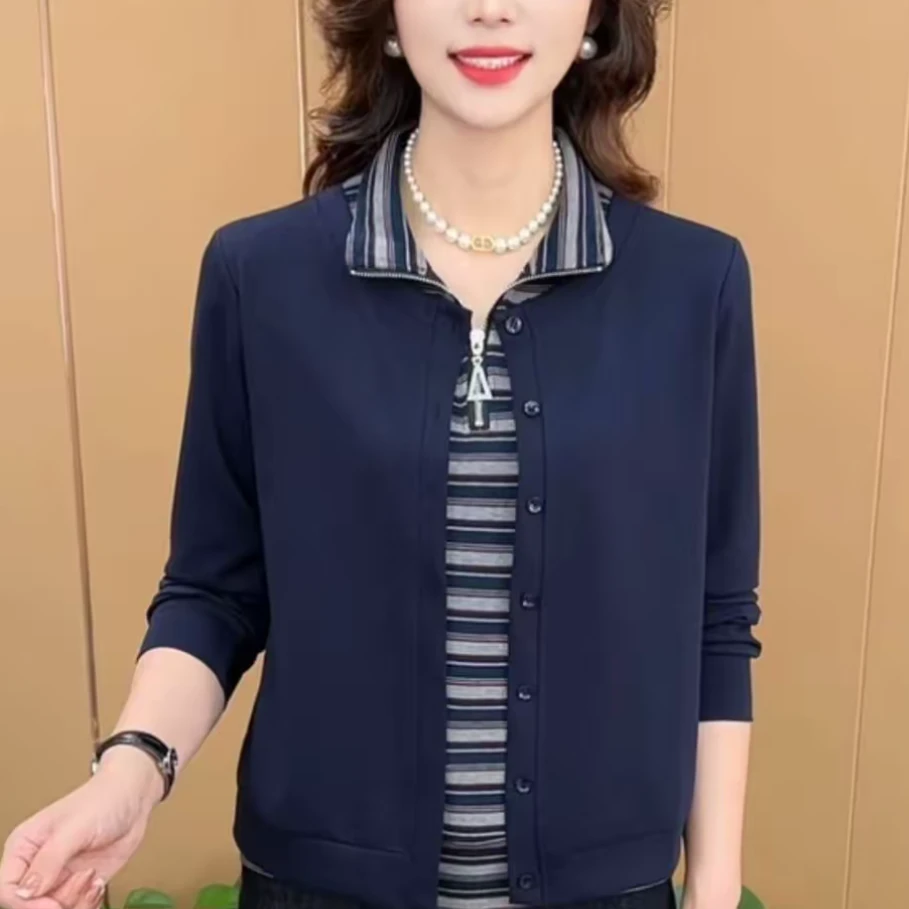 秋季新款时尚洋气长袖卫衣显瘦减龄设计感拼接假两件立领条纹上衣