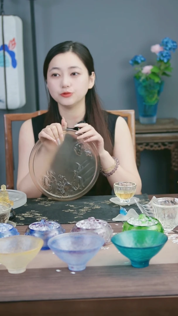 琉璃手工艺品古法琉璃香槟色鲤鱼跃龙门茶盘