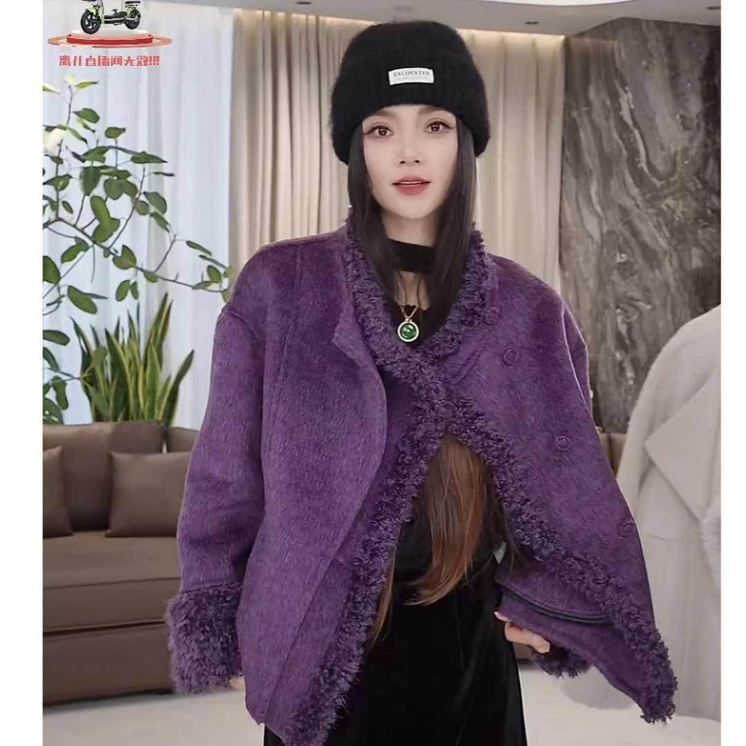 LA.Sheila“苏丽大衣”短款拼接毛绒绵羊毛大衣254-DY/1211-0338