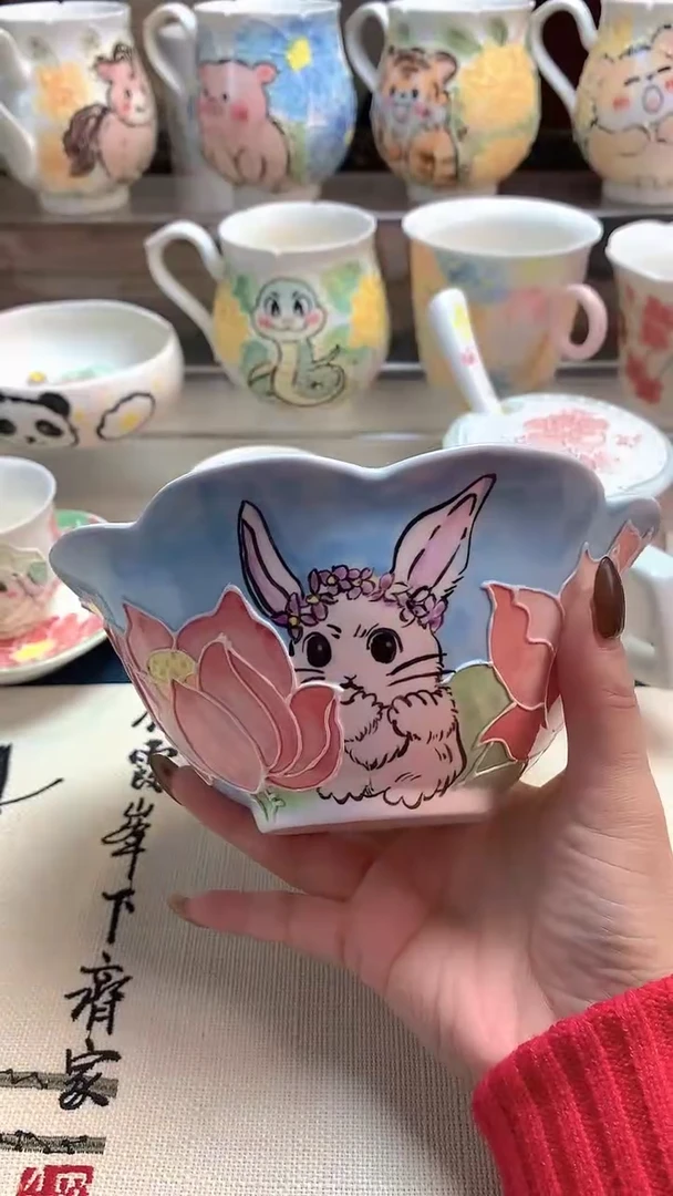 一味*手绘*莲花兔兔陶瓷件