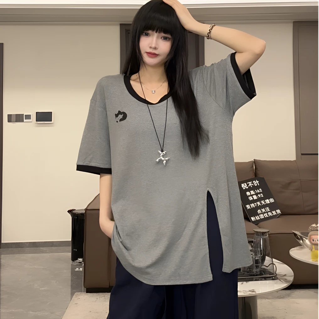 倪不叶【沉睡猫印花圆领T恤】侧边开叉慵懒风oversize宽松自制