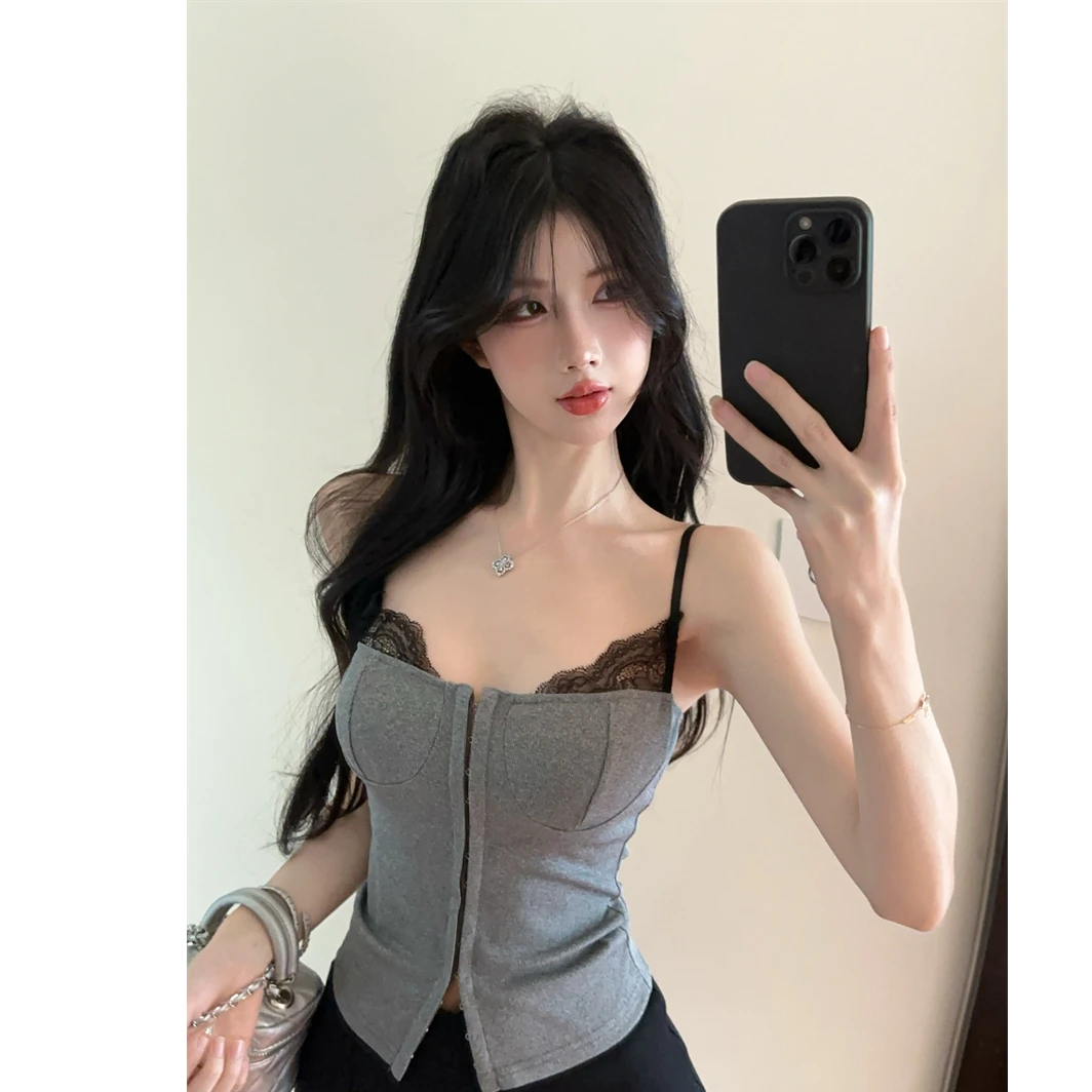 性感蕾丝拼接吊带背心时尚设计感显瘦修身上衣百搭黑色半身裙