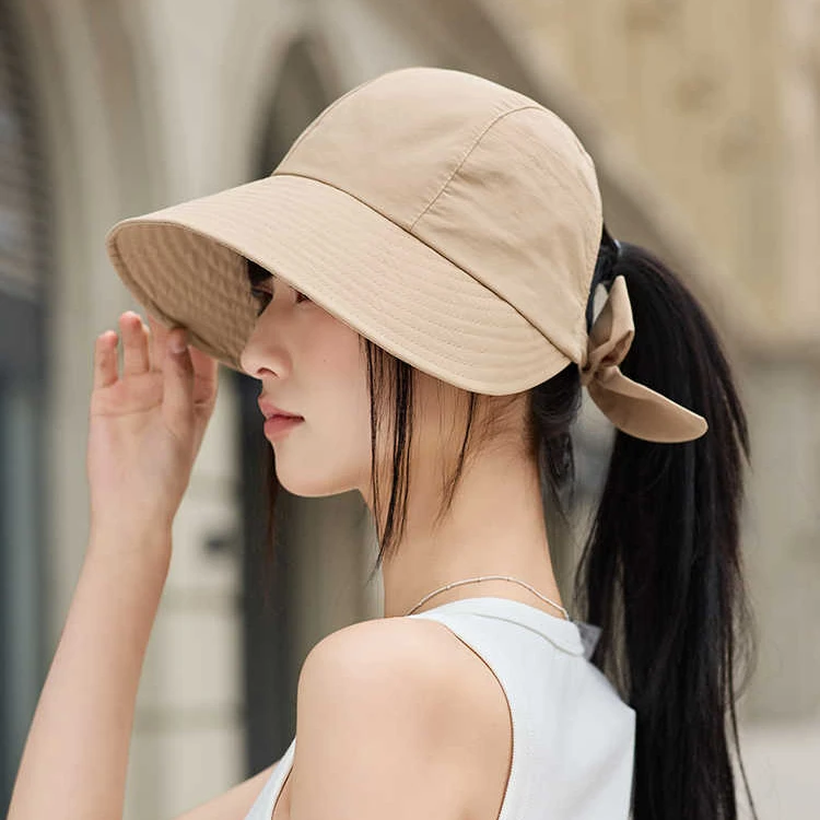 2025新款大沿遮阳帽女夏出游遮脸防紫外线空顶防晒帽扎马尾太阳帽