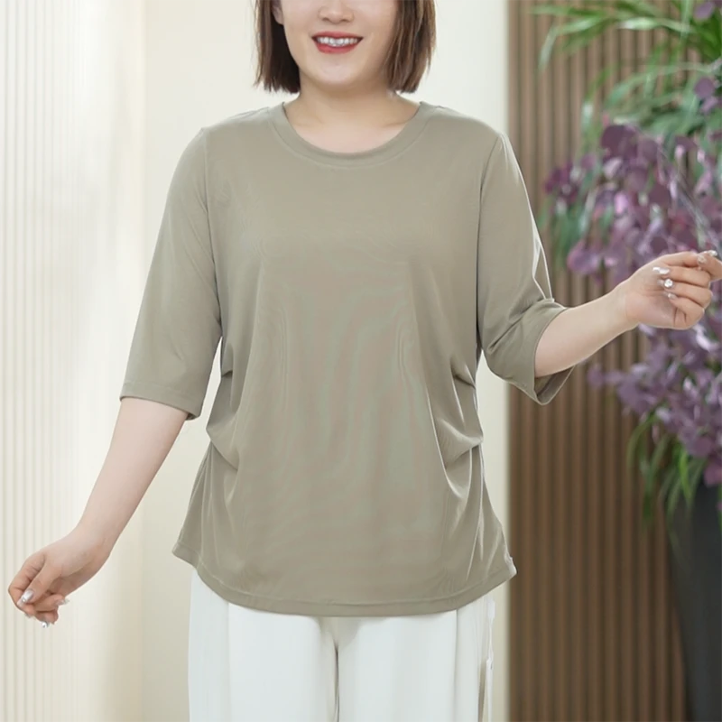 莱赛尔天丝氨纶弹力大码显瘦T恤女时尚掐腰细螺纹凉感夏季上衣女