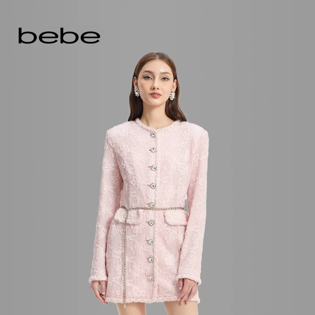 【商场同款新品】bebe长袖纽扣缀饰圆领蕾丝盘花连衣裙150030