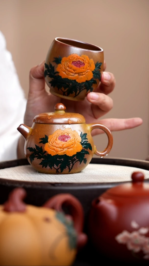 茶壶紫砂柴烧文旦彩刻牡丹