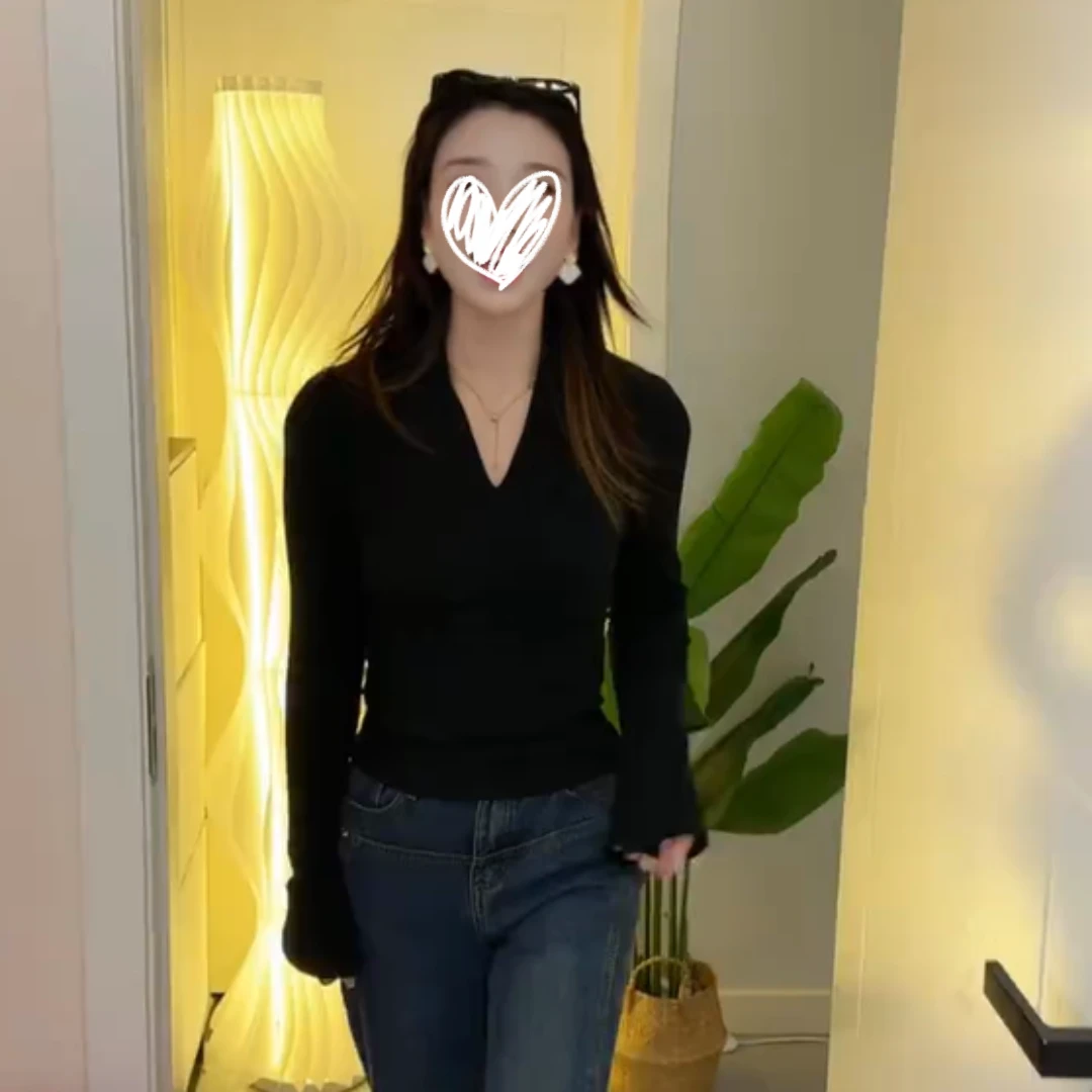 2024秋季新款气质长袖百搭V领显瘦上衣女修身长袖辣妹打底衫