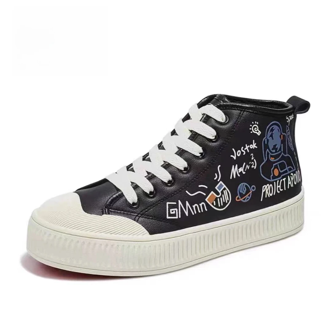 秋冬加绒休闲棉鞋女皮面涂鸦风高帮运动板鞋02902(2C7-4)