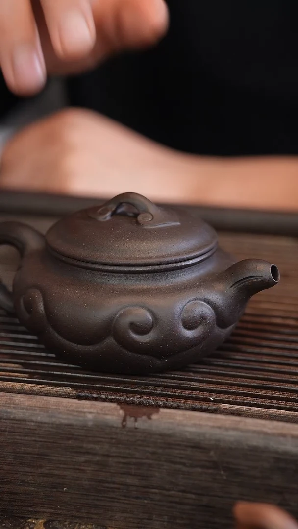 茶壶紫砂如意仿古 黑金砂 半手工 260cc