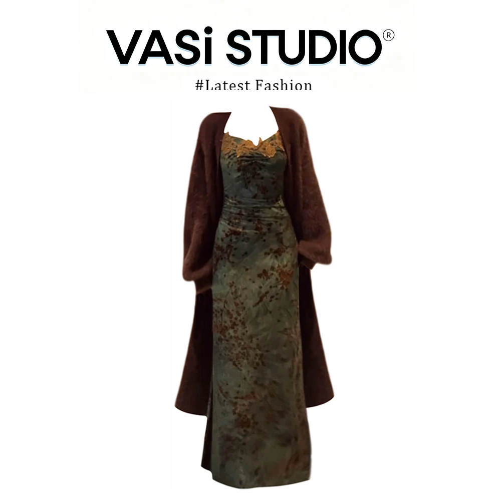 雅丹美拉德慵懒风软糯毛衣外套秋季碎花吊带连衣裙两件套装